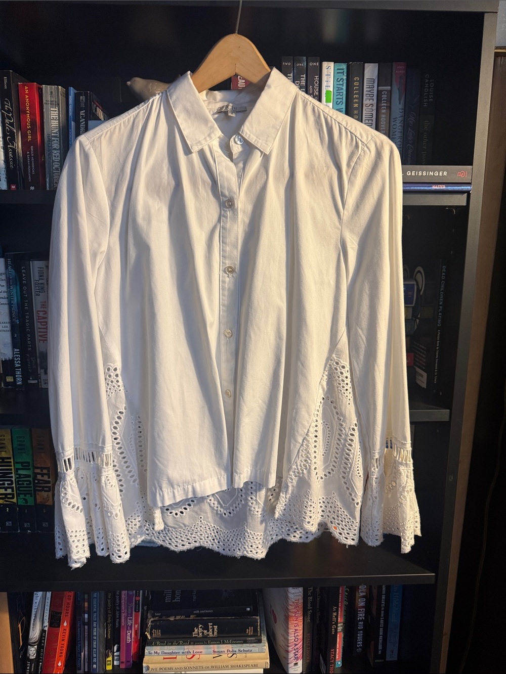 White Eyelet Back &  Hem Button-Up Blouse by Clu